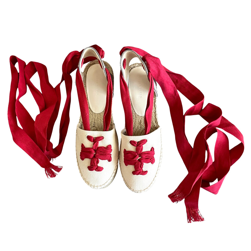 TORY BURCH Size 10 Woven Double T Espadrille Red Wrap-Around Tie Platform Flats - Picture 3 of 13